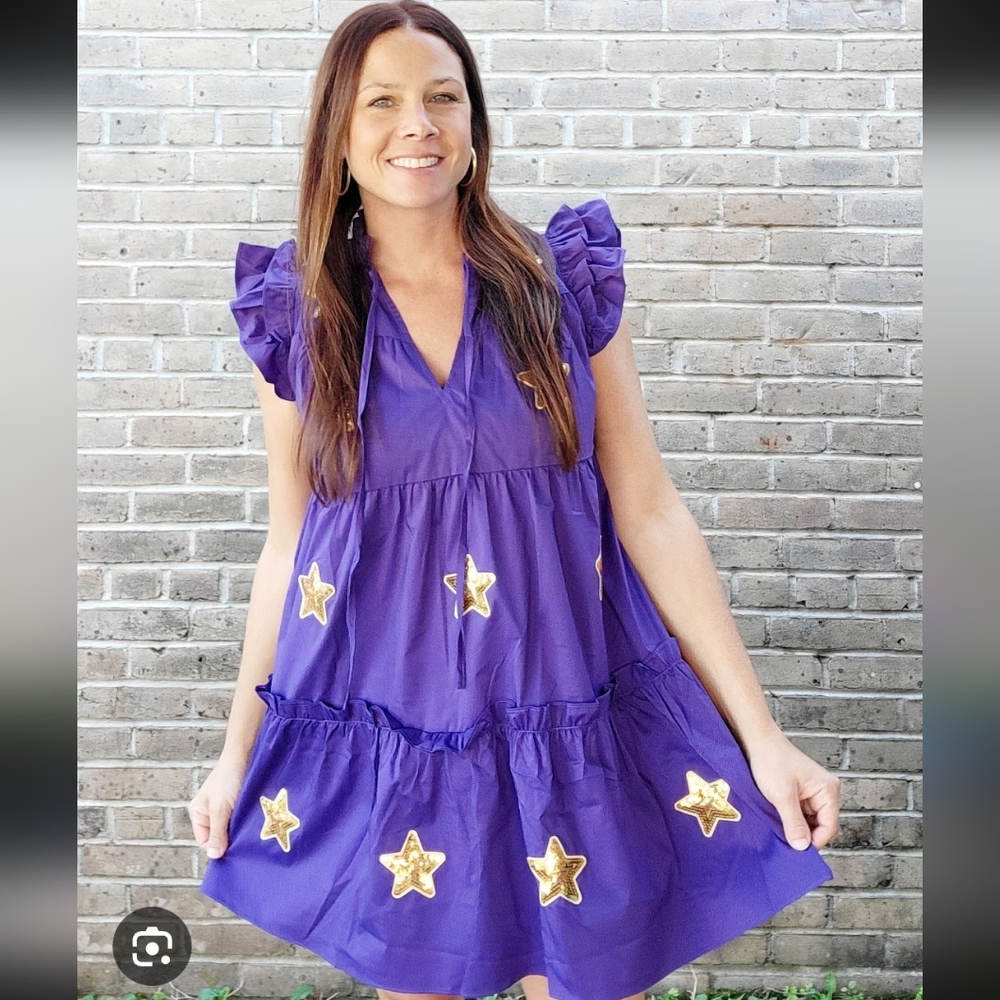 Fantastic Fawn Purple Ruffle Gold Star Tiered Mini Dress